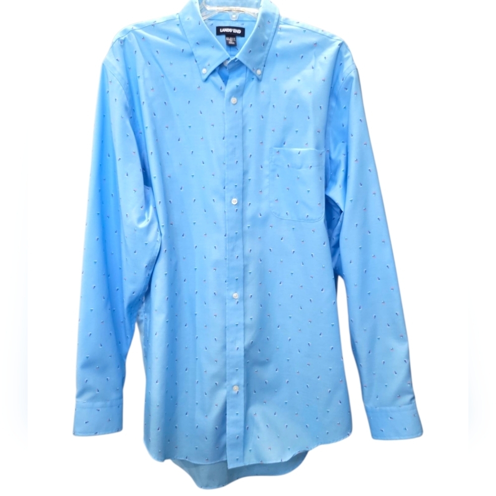LAND'S END Blue Casual Button Down Shirt With Sailboats